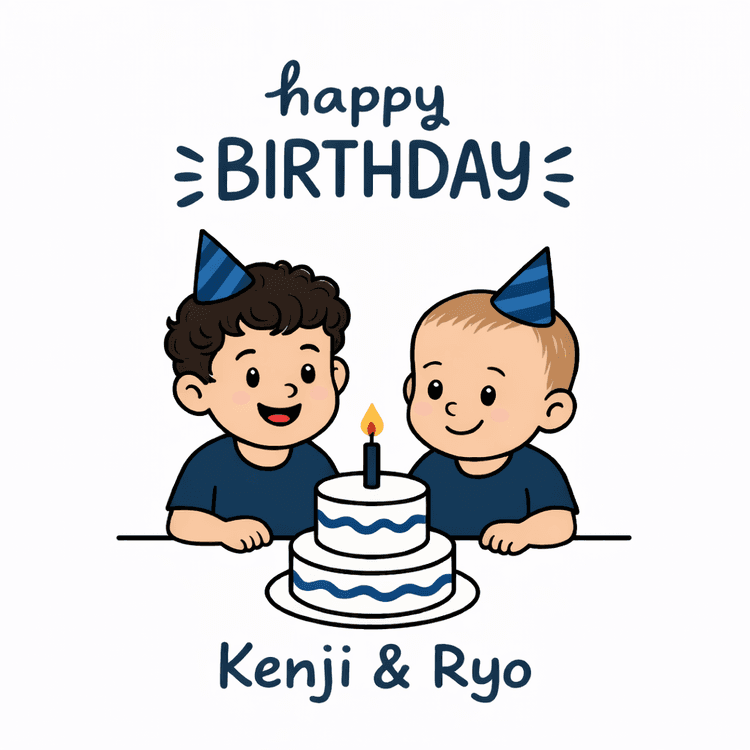 Illustratie: Kenji en Ryo met verjaardagstaart